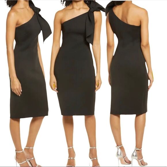 ELIZA J Graduation One Shoulder Bow Detail Black  Cocktail Party Prom Dress NWT - Picture 1 of 12